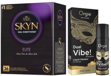 Набір з SKYN Elite 36 шт + Рідкий вібратор SEXY VIBE "Коктейль Піна Колада" DUAL VIBE! (15 мл) від Orgie  SOS10221 фото