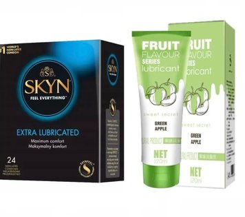 Skyn extra lube 24 штуки + лубрикант OLO secret яблуко 120 мл  SOS18 фото