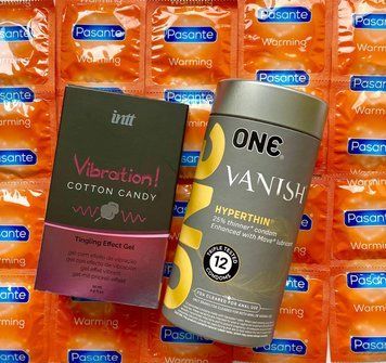 Комплект 24 шт ONE ONE Vanish + Pasante Warming + Рідкий вібратор Intt Vibration Cotton Candy (15 мл) SOS1559 фото