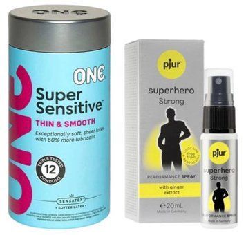 Набор из ONE Super Sensitive Pack 12 шт + Пролонгатор pjur Superhero Strong Spray 20 ml SOS9415 фото