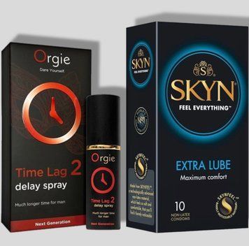 SKYN Extra Lube 10 шт + Пролонгатор TIME LAG 2, 10 мл Orgie SOS5094 фото