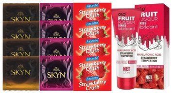Комплект: Лубрикант OLO со вкусом клубники (120 мл) + 8 шт. SKYN + 4 шт. Pasante Strawberry Crush SOS10603 фото