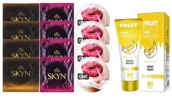 Комплект: Лубрикант OLO Banana (120мл) + 8 шт. SKYN + 4 шт. 𝐎𝐍𝐄 Bubblegum SOS10502 фото