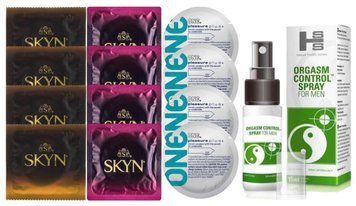 Комплект: Пролонгатор SHS Orgasm Control Spray 15 мл + 8 шт. SKYN + 4 шт. ONE Pleasure Plus SOS10894 фото