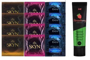 Набір:  Лубрикант Intt Strawberry (100 мл) + 4 шт SKYN passion daiquiri + 4 шт SKYN CHERRY SUNRISE + 4 шт Pasante Extra Safe SOS10372 фото