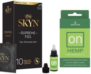 Набір з Skyn Supreme Feel 10 шт + збуджувальні краплі Sensuva ON for Her Hemp Infused Arousal Oil (5 мл)  SOS10272 фото