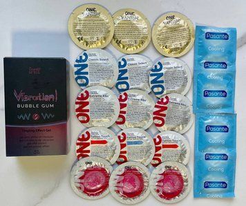Набір 19 шт ONE Classic, Vanish, Color Sensations , Extreme ribs, Tattoo Touch - Pasante Cooling +Intt Vibration Bubble Gum (15 мл) SOS1760 фото
