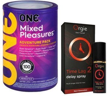 Набор из ONE Mixed Pleasures 100 шт + Пролонгатор Orgie Time Lag 2 Delay Spray, 10 мл SOS9466 фото