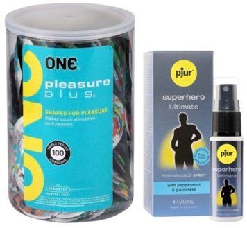 Набор из ONE Pleasure Plus, 100 шт + Пролонгатор pjur Superhero Ultimate Spray 20 мл SOS9122 фото