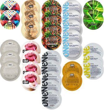 Набор с 33 шт ONE Extreme Ribs + ONE Vanish + ONE Tattoo + ONE Sensitive + ONE Glowing +  ONE Pleasure Dome + ONE Bubblegum + ONE Extra Strong + ONE Legend XL + ONE Super Studs SOS8331 фото