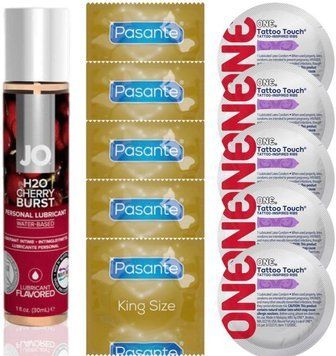 Набор 10 шт Pasante King Size и ONE Tattoo Touch + System JO H2O - Cherry Burst (30 мл) SOS4889 фото