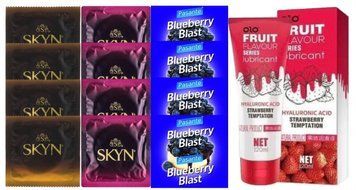 Комплект: Лубрикант OLO со вкусом клубники (120 мл) + 8 шт. SKYN + 4 шт. Pasante Blueberry Blast SOS10604 фото