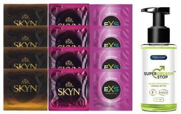 Комплект: Пролонгатор Super Orgasm Stop Гель (150 мл) + 8 шт. SKYN + 4 шт. EXS EXTRA SAFE SOS10801 фото
