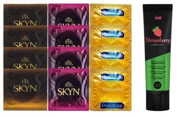 Набір:  Лубрикант Intt Strawberry (100 мл) + 4 шт SKYN passion daiquiri + 4 шт SKYN CHERRY SUNRISE + 4 шт Pasante Naturelle SOS10373 фото