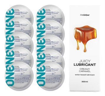 Комплект 𝐎𝐍𝐄 𝐏𝐥𝐮𝐬 10 шт. + Лубрикант Satisfyer Juicy Lubricant Creamy Caramel (300 мл) SOS12325 фото