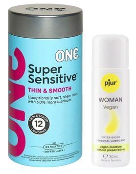 Набор ONE Super Sensitive Pack 12 шт + Лубрикант Pjur Woman Vegan 30 мл SOS13031 фото