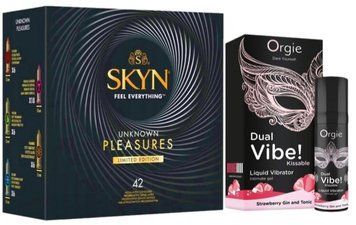 Набір з SKYN Pleasures (42 шт) + Рідкий вібратор Orgie Dual Vibe! Strawberry Gin & Tonic Kissable Liquid Vibrator (15 мл)  SOS10028 фото