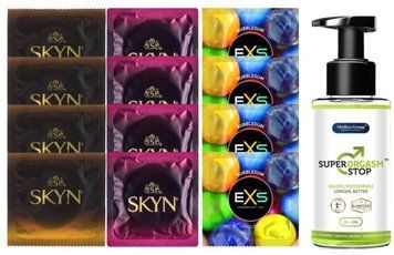 Комплект: Пролонгатор Super Orgasm Stop Гель (150 мл) + 8 шт. SKYN + 4 шт. EXS BUBBLEGUM SOS10802 фото