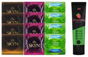 Набір:  Лубрикант Intt Strawberry (100 мл) + 4 шт SKYN passion daiquiri + 4 шт SKYN CHERRY SUNRISE + 4 шт Delay Infinity SOS10374 фото