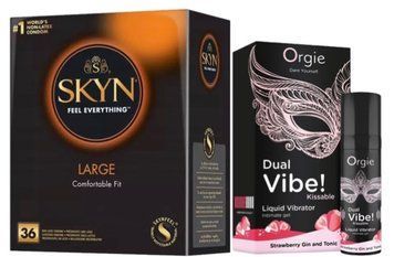 Набір з SKYN Large (36 шт) + Рідкий вібратор Orgie Dual Vibe! Strawberry Gin & Tonic Kissable Liquid Vibrator (15 мл)  SOS9928 фото