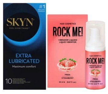 Набір з SKYN Extra Lube (10 шт) + Рідкий вібратор ROCK ME! Strawberry (20 мл) від Nuei  SOS10174 фото
