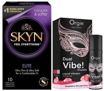Набір з SKYN Elite (10 шт) + Рідкий вібратор Orgie Dual Vibe! Strawberry Gin & Tonic Kissable Liquid Vibrator (15 мл)  SOS9728 фото