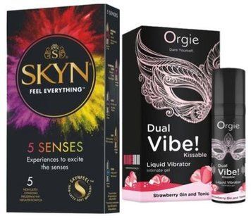 Набор из SKYN 5 Senses + Жидкий вибратор Orgie Dual Vibe! Strawberry Gin & Tonic Kissable Liquid Vibrator, 15 мл SOS9618 фото