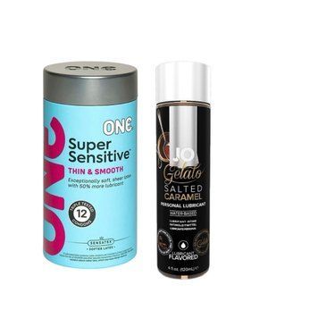 ONE Super Sensitive Pack 12 шт.+ Змазка на водній основі System JO GELATO Salted Caramel (120 мл)  SOS6486 фото