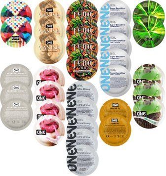 Набор с 33 шт ONE Extreme Ribs + ONE Vanish + ONE Tattoo + ONE Sensitive + ONE Glowing +  ONE Pleasure Dome + ONE Bubblegum + ONE Extra Strong + ONE Legend XL + ONE Mint Chocolate SOS8333 фото