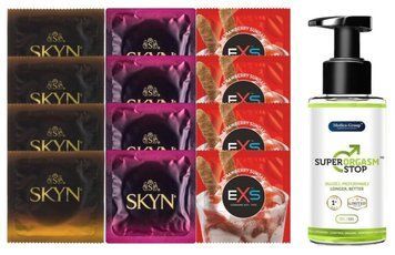 Комплект: Пролонгатор Super Orgasm Stop Гель (150 мл) + 8 шт. SKYN + 4 шт. EXS STRAWBERRY SOS10803 фото