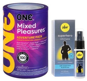 Набор из ONE Mixed Pleasures 100 шт + Пролонгатор pjur Superhero Ultimate Spray 20 мл, самый сильный SOS9469 фото