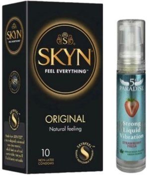 Набір з SKYN Original (10 шт)   + рідки вібратор 5th Paradise Liquid Vibrator &mdash; Полуниця (10 мл)  SOS9862 фото