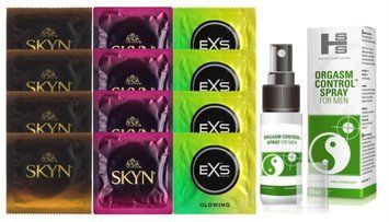Комплект: Пролонгатор SHS Orgasm Control Spray 15 мл + 8 шт. SKYN + 4 шт. EXS Glow in the Dark SOS10930 фото
