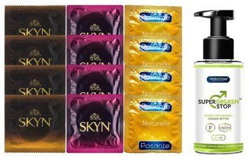 Комплект: Пролонгатор Super Orgasm Stop Гель (150 мл) + 8 шт. SKYN + 4 шт. Pasante Naturelle SOS10786 фото