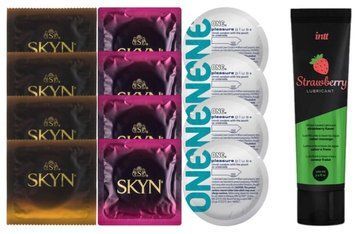 Набір:  Лубрикант Intt Strawberry (100 мл) + 4 шт SKYN passion daiquiri + 4 шт SKYN CHERRY SUNRISE + 4 шт 𝐎𝐍𝐄 𝐏𝐥𝐞𝐚𝐬𝐮𝐫𝐞 𝐏𝐥𝐮𝐬 SOS10358 фото