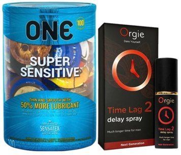 Набор из ONE Super Sensitive 100 шт + Пролонгатор Orgie Time Lag 2 Delay Spray, 10 мл SOS9502 фото
