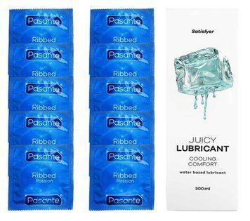 Комплект Pasante Ribbed 10 шт. + Лубрикант Satisfyer Juicy Lubricant Cooling Comfort (300 мл) SOS12110 фото