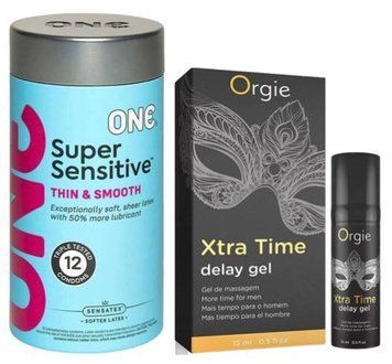 Набор из ONE Super Sensitive Pack 12 шт + Пролонгатор X-TRA TIME, 15 мл ORGIE SOS9402 фото