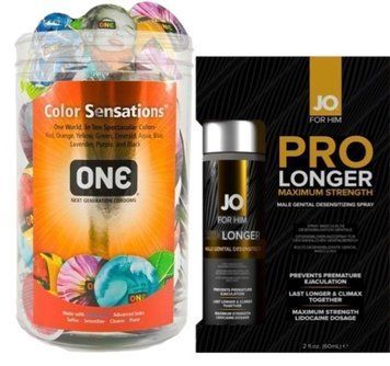 Набор из ONE Color Sensations 100 шт + Пролонгатор JO Prolonger Spray with Lidocaine (60 мл) SOS9191 фото