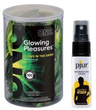 Набор из ONE Glowing Pleasures, 100 шт + Пролонгатор pjur Superhero Spray 20 мл SOS9570 фото