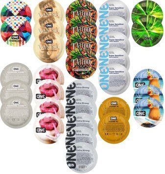 Набор с 33 шт ONE Extreme Ribs + ONE Vanish + ONE Tattoo + ONE Sensitive + ONE Glowing +  ONE Pleasure Dome + ONE Bubblegum + ONE Extra Strong + ONE Legend XL + ONE Island Punch SOS8334 фото