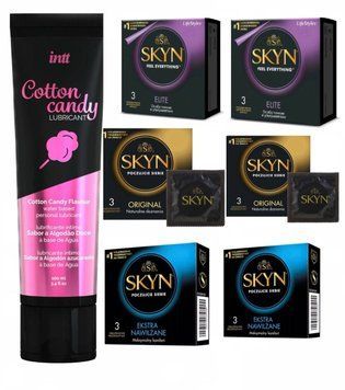 Набір Skyn 18 шт : Elite , Original , Extra Lube та Лубрикант Intt Cotton Candy 100 мл SOS239 фото