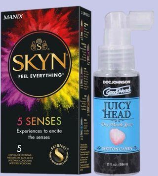 Комплект SKYN 5 Senses + Спрей   Doc Johnson GoodHead &ndash; Juicy Head Dry Mouth Spray &ndash; Cotton Candy 59мл SOS5481 фото
