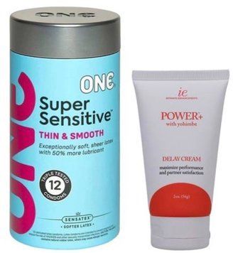 Набор из ONE Super Sensitive Pack 12 шт + Пролонгатор Doc Johnson Power+ с Yohimbe Delay Cream For Men 56 г SOS9421 фото