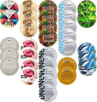 Набор с 33 шт ONE Extreme Ribs + ONE Vanish + ONE Tattoo + ONE Sensitive + ONE Glowing +  ONE Pleasure Dome + ONE Bubblegum + ONE Extra Strong + ONE Legend XL + ONE Fresh Mint SOS8335 фото