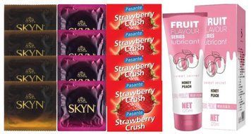 Комплект: Лубрикант OLO со вкусом персика (120 мл) + 8 шт. SKYN + 4 шт. Pasante Strawberry Crush SOS10558 фото