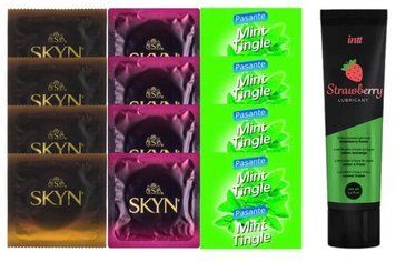 Набір:  Лубрикант Intt Strawberry (100 мл) + 4 шт SKYN passion daiquiri + 4 шт SKYN CHERRY SUNRISE + 4 шт Pasante Mint Tingle SOS10377 фото