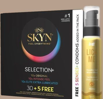 Комплект Skyn Selection 30 шт + 5 of 5 Senses , 35 шт + Гель INTT Lick Me Kissable Gel Honey 50 мл SOS5531 фото