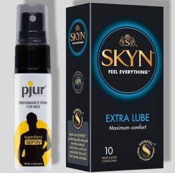 SKYN Extra Lube 10 шт + Пролонгатор pjur Superhero Spray 20 мл SOS5047 фото