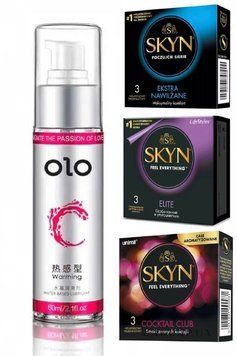 Набір  Skyn : Extra Lube , Elite, Cocktail Club 3x3 (9 шт) та Лубрикант зігріваючий OLO 60 мл SOS143 фото